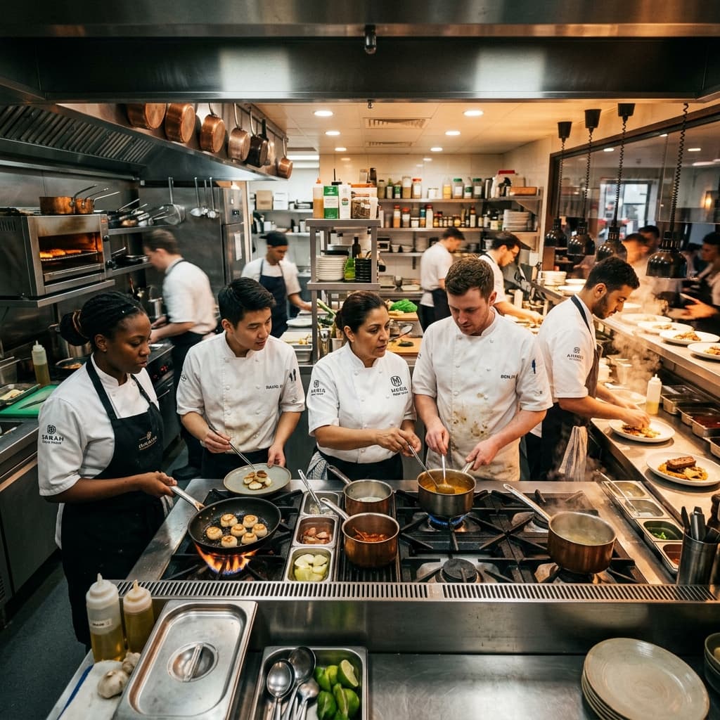 A team of professional chefs actively cooking in a commercial kitchen