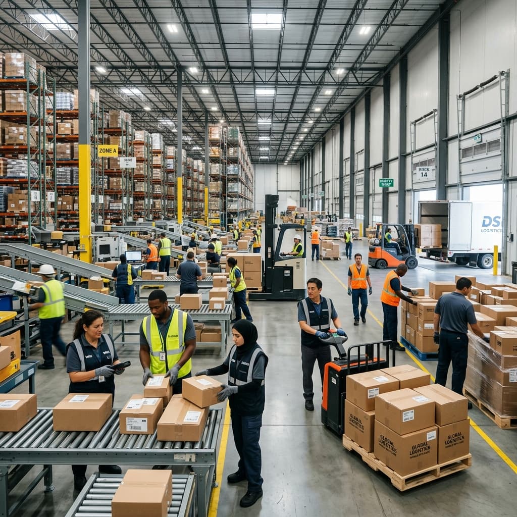 A team of warehouse workers managing logistics and cargo